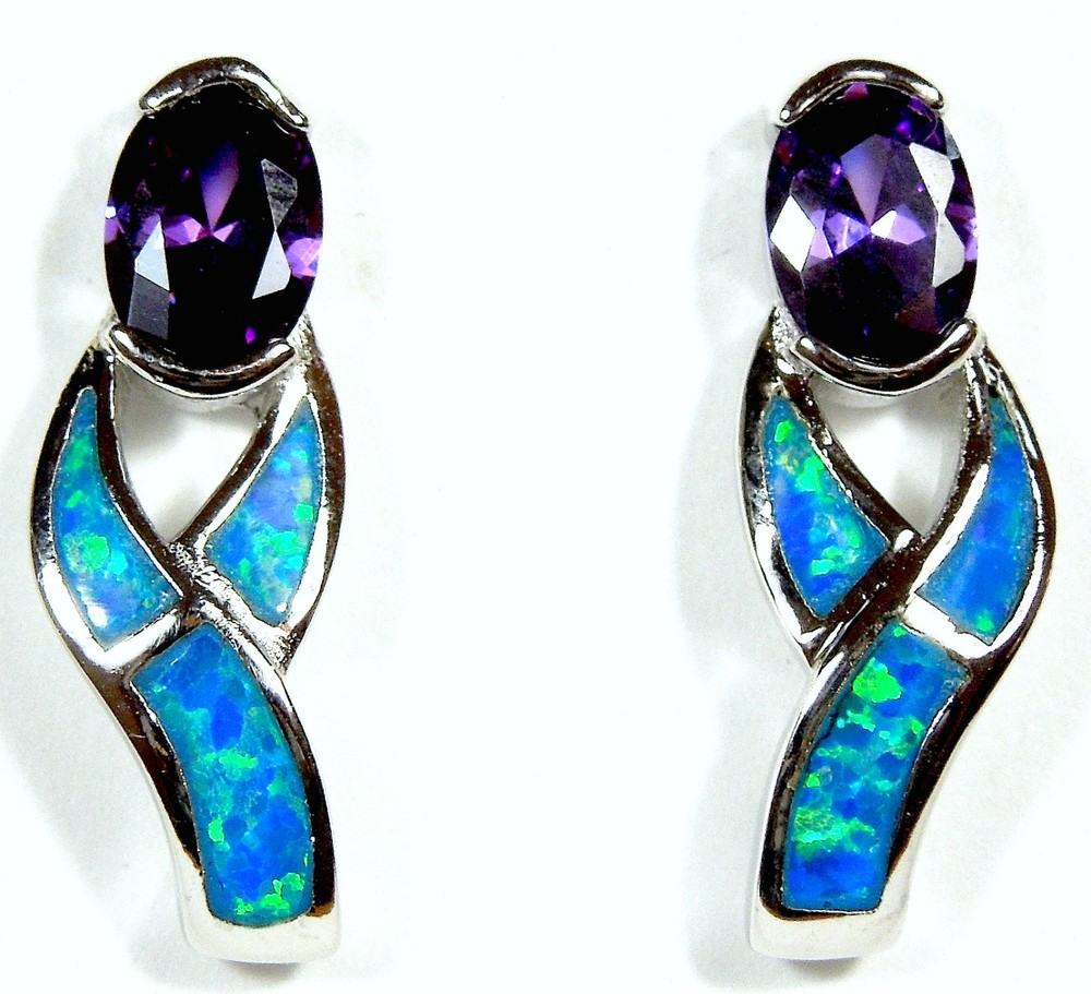 Amethyst & Blue Fire Opal Inlay 925 Sterling Silver Stud Post Earrings