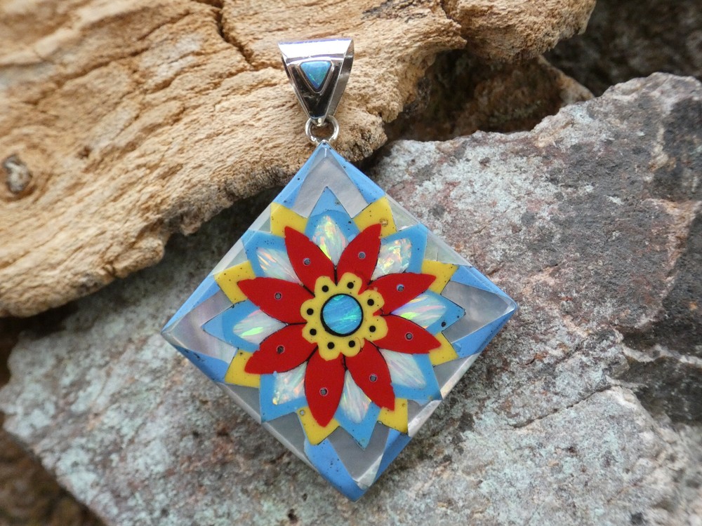 Vibrant Flower Micro Inlay Gemstone Fire Opal Sterling Silver 925 Pendant Ai8