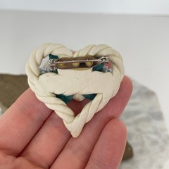 Handmade CERAMIC HEART ROSE Flower Forget Me Nots 3D Pottery Vtg Artisan Brooch