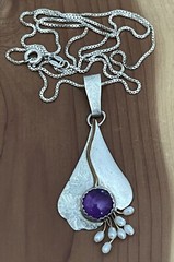 Vtg Designer Sterling 925 Amethyst, Pearl Beads Gold Wire Pendant Necklace 18”in