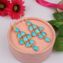 925 Silver 18K Gold Plated Turquoise Gemstone Wedding Chandelier Earrings