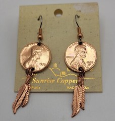 Copper Penny Earrings With Feather Design Sunrise Copper Made In USA