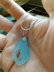 Hand Carved Footprint Blue Sea Glass Pendant Silver Necklace 18″
