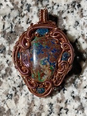 Azurite Malachite Appetite Amethyst Copper Wire wrap Pendant Statement Piece 2″