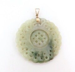 .Intricately Carved Circular Jadeite Medallion 14ct Gold Rotating Carved Centre