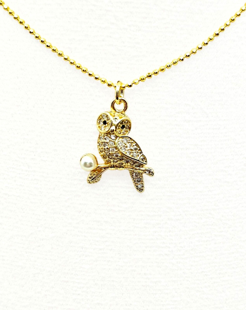 Owl Necklace Pendant CZ Pearl Accent Dainty Gold Plated Adjustable Chain Animal