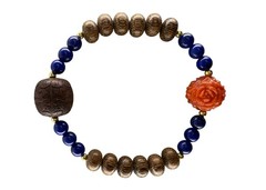 ChenXiang/Agarwood, HandCarved Red Agate Rose, Lapis Lazuli Bracelet 13.12g 6.5″