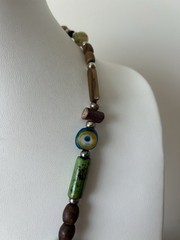 Vintage Artisan Beaded Necklace Wood Glass Shell Bird Mixed Media Boho Chic 23”