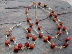 Necklace and Bracelet Set of Round Brown Stone Beads with Clear and Gold Glass