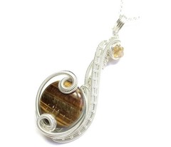 Handcrafted Tiger Eye Necklace: Sterling Silver Wire Wrap w Swarovski Crystal