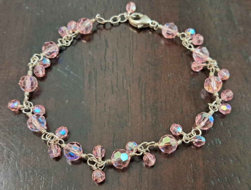 Handmade .925 Sterling Silver Wire-Wrapped Pink AB Crystal Bracelet