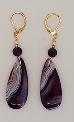 Handcrafted Purple Agate Teardrop Dangle Leverback Earrings, Gold Tone Bezel