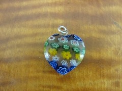 Art Glass Heart with Multi Color Flowers Silver Tone Bale Pendant or Charm
