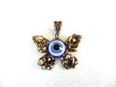 RHODIUM OXIDIZED BRONZE WITH LUCKY BLUE EVIL EYE BUTTERFLY PENDANT