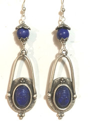 NEW ITEM* HANDCRAFTED EGYPT CARVED VTG. LAPIS SCARAB EARRINGS-NEW-.925 EAR WIRES