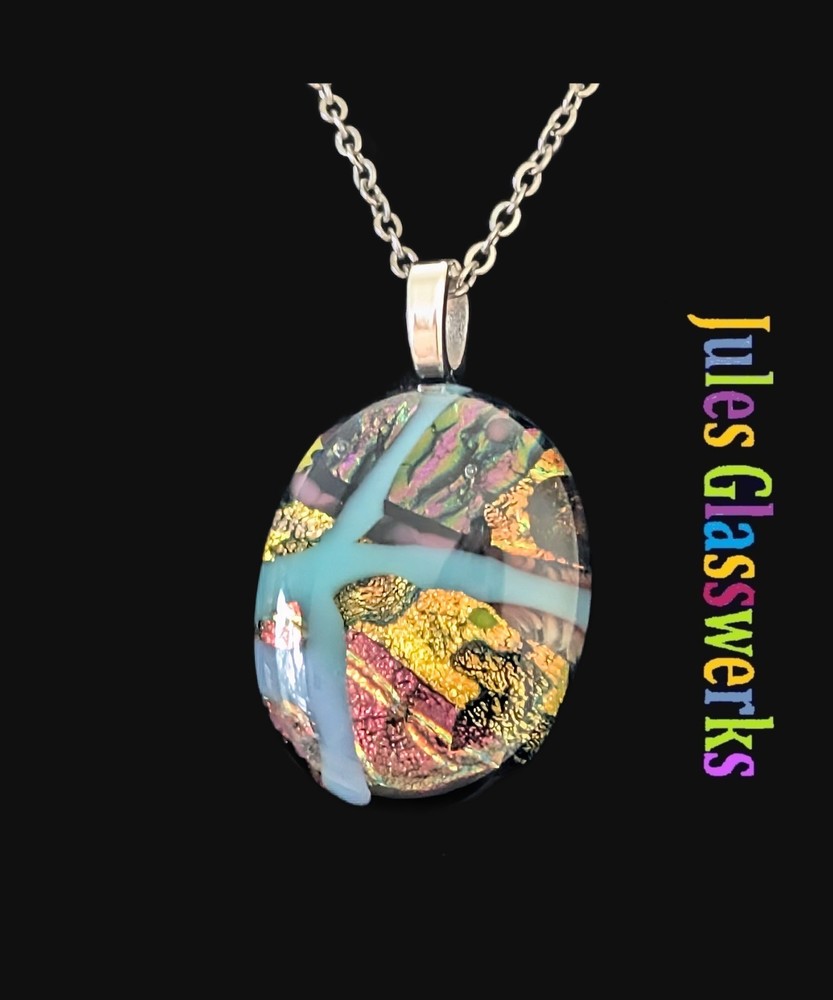 Hand Crafted Dichroic Fused Glass Pendant Necklace W/ Chain #2057
