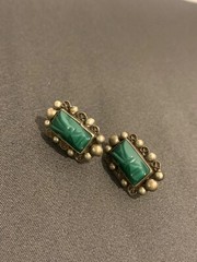 Vintage Mexican Sterling And Green Onyx Aztec Screw Back Earrings 15.4G