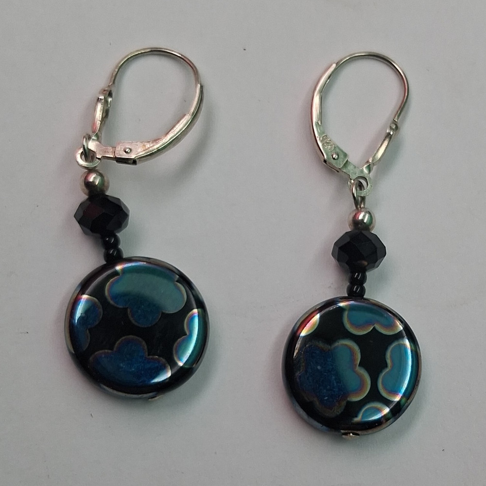 Sterling Silver Glass Dangle Earrings Blue Black Silver Tone Leverback 1.25in