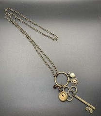 Skeleton Key Necklace -Button,Floral Charm,Red/Clear Glass Beads,Gold/Brass Tone