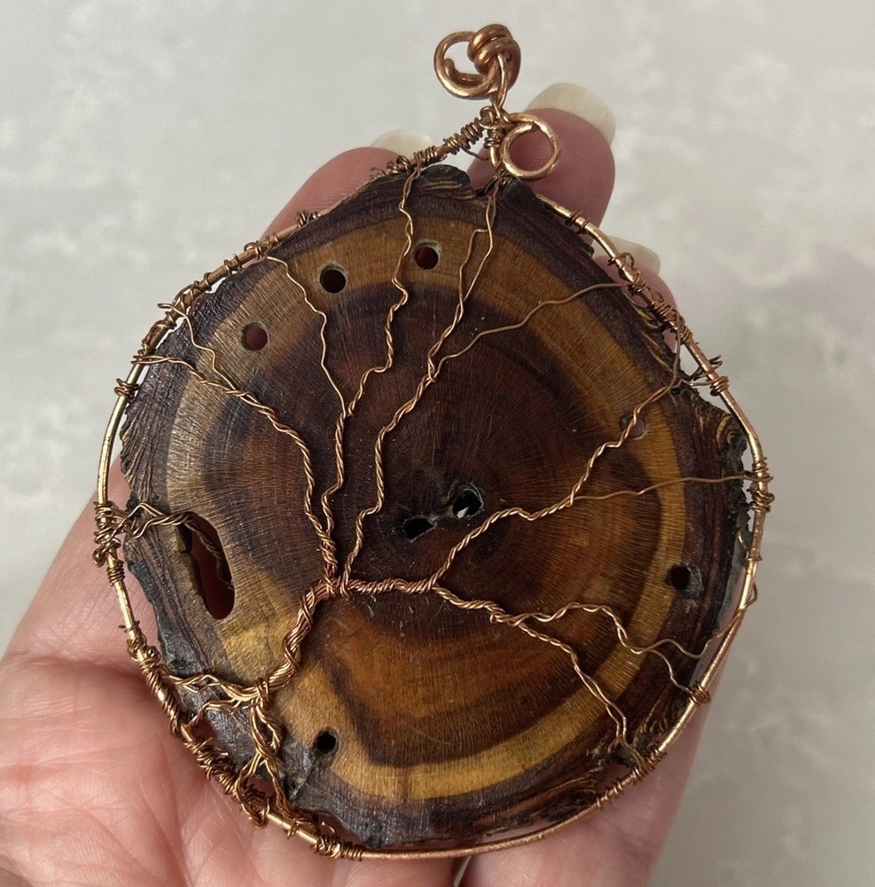 Artisian Handmade Copper Wrapped Natural Live Edge Wood Large Pendant