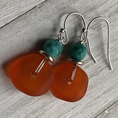Min Favorit Tangerine Swirl Sea Glass, Turquoise & Silver Pl Artisan Earrings