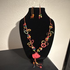 Handcrafted Beaded Necklace Asymmetrical Pendant Multicolor Cord