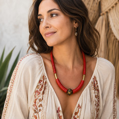 Tribal Boho Deep Pink Bead Statement Necklace 34″ Botanical Harvest Philippines
