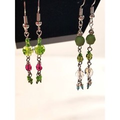 Handmade Dangle Drop Earrings Green Blue Pink Glass Beads .925 Hooks Set 2