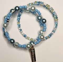 Blue green white silver beaded wire bracelet with dream dangle charm, stackable