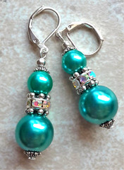double AQUA GLASS PEARL AB Rhinestone earring SP Leverback handcrafted WPGL6