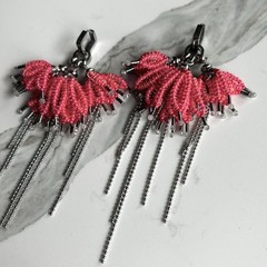 Handcrafted Pink Thread Dangle Earrings, Steel Jewelry