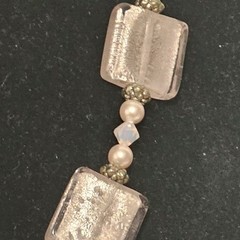 Handmade Soft Pink Glass Square Bead Necklace Faux Pearls & Crystal 20″ 3oz Glam