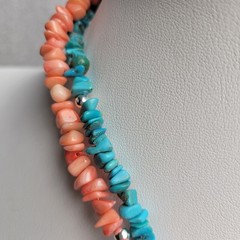 Turquoise, Spiny Oyster & Sterling Silver Beaded Necklace w/Disc Pendant 15-17″