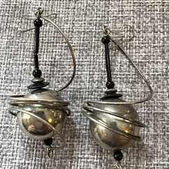 Vtg Spiral Artisan Earrings Spheres Drops Hooks Retro Glam Saturn Inspired 3.25″