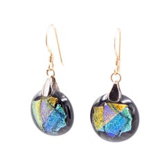 14K Yellow Gold Filled Dichroic Art Glass Dangle Earrings 1 1/2 Inch Artisan Dro