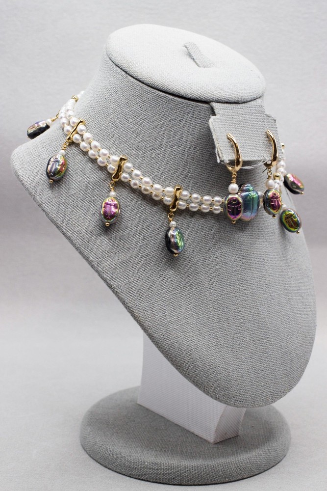 Green Scarab Layered Pearl Collar and Earrings, Egyptian inspired