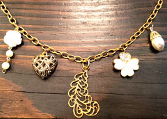 Vintage Repurposed Recycled Unique Charms Flower Heart Pearl Mismatched Necklace