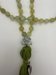 108 Green Lime Jade Beaded Tassel Male Necklace W/ Feng Shui Stone & Lotus Charm