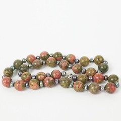 Unakite 8mm/9mm Round Bead & Dyed Pearl Necklace 18″ L Heart Shape Toggle Close