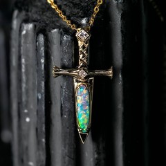 Knight Sword – Boulder Opal & Princess Cut Diamond Necklace Pendant ONLY 18K