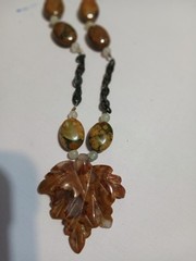 Handmade Carved Stone Leaf Pendant Necklace Earth Tone Beaded Jasper 18 Inch