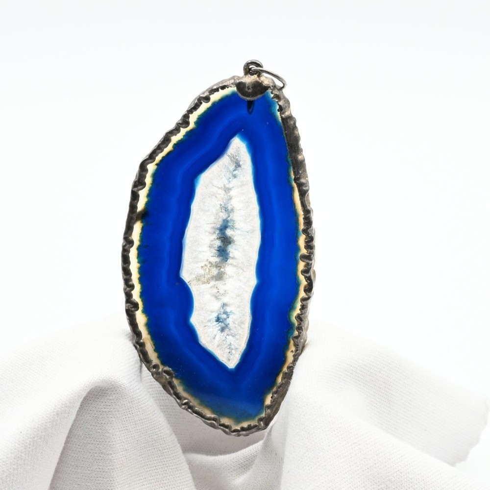 Blue Agate Slice Pendant Silver Tone Bezel Natural Geode Stone Bohemian Jewelry