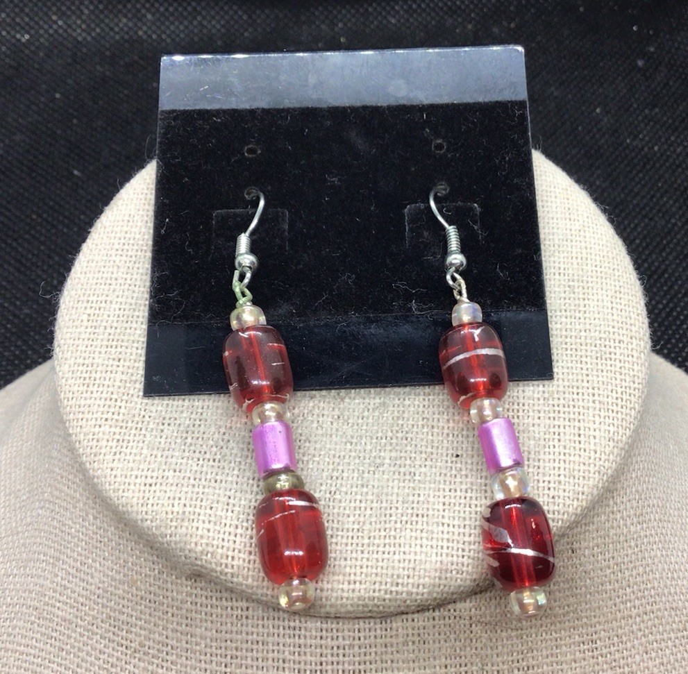 Artisan Handcrafted Red Purple & Clear Murano Glass Beaded Drop Earrings G040