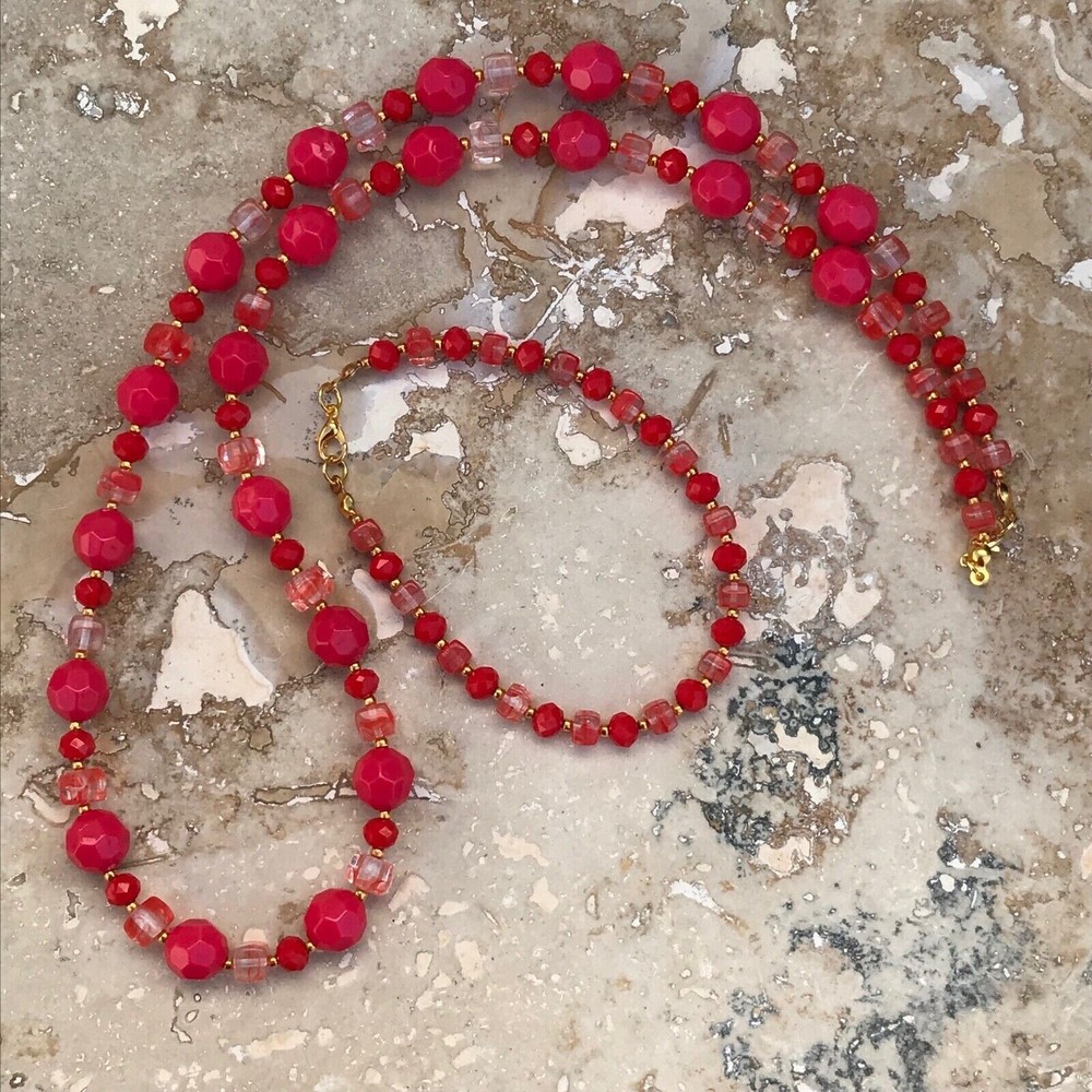 Handmade Necklace Bracelet Set Acrylic and Glass Beads Coral Pink Red Gold Tone