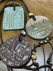 Artisan Made Lot Of 3 Jules Signed Studio Pottery Ceramic Pendants On Leather