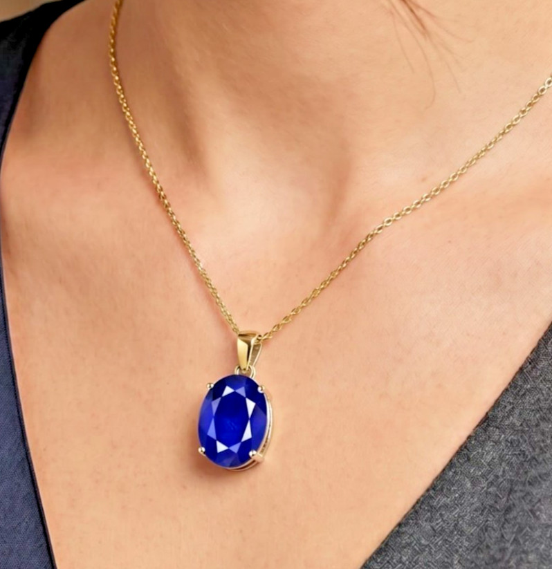 Certified 10.25 Ct Blue Sapphire Pendant Gemstone Gold Plated Men Women Gift