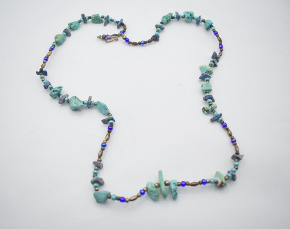 Handmade 26″ Turquoise and Lapis Lazuli Nugget Necklace with Brass and Glass Bea