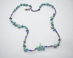Handmade 26″ Turquoise and Lapis Lazuli Nugget Necklace with Brass and Glass Bea