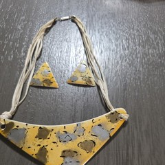 Handcrafted Triangle Pendant Necklace Yellow Silver Cord Metal Art Jewelry