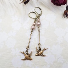 Handmade Antique Brass Small Bird Earrings, Champagne Pearl Cottagecore Jewelry
